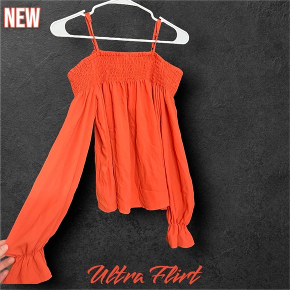 New Ultra Flirt by Ikeddi Womens Smocked Off The Shoulder Top Rust - Picture 3 of 5